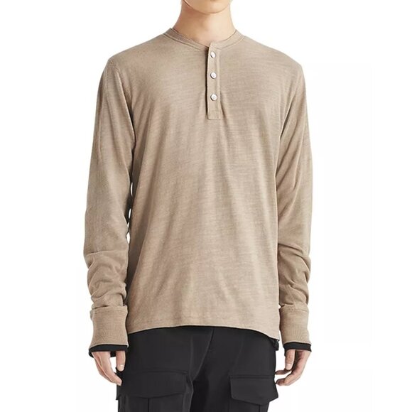 rag & bone Men's Long Sleeve Classic Henley Raw Edge Collar Cotton Shirt Taupe